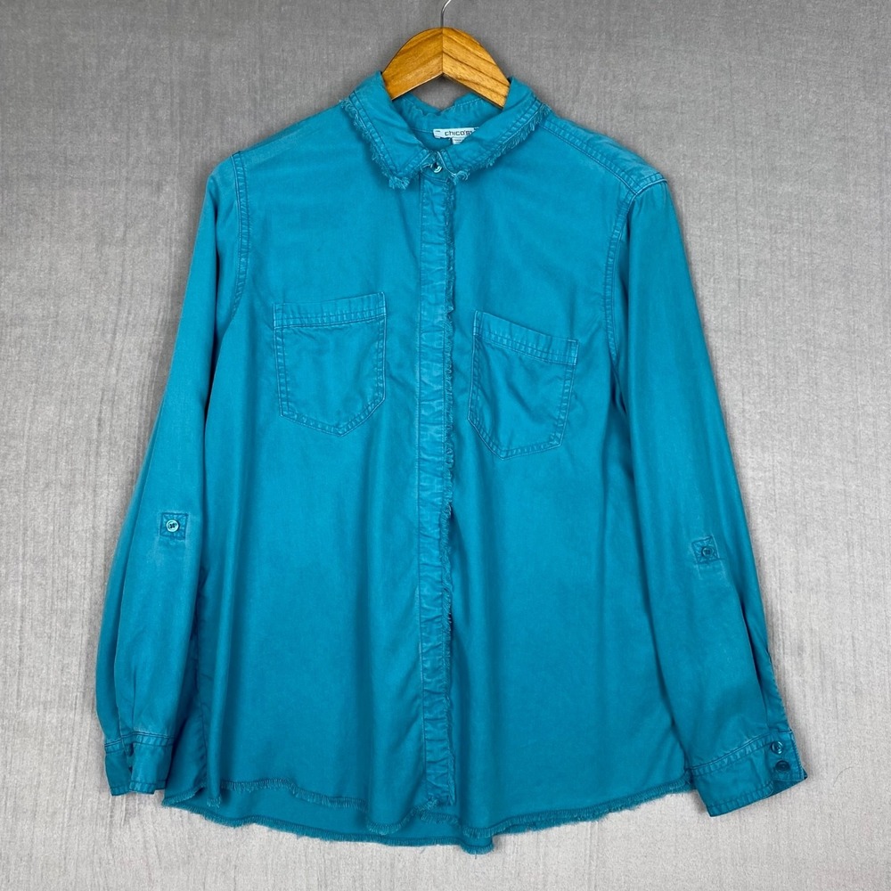 Chicos Blouse Womens 2/12 Turquoise Button Up Fringe Hem Lyocell Chambray